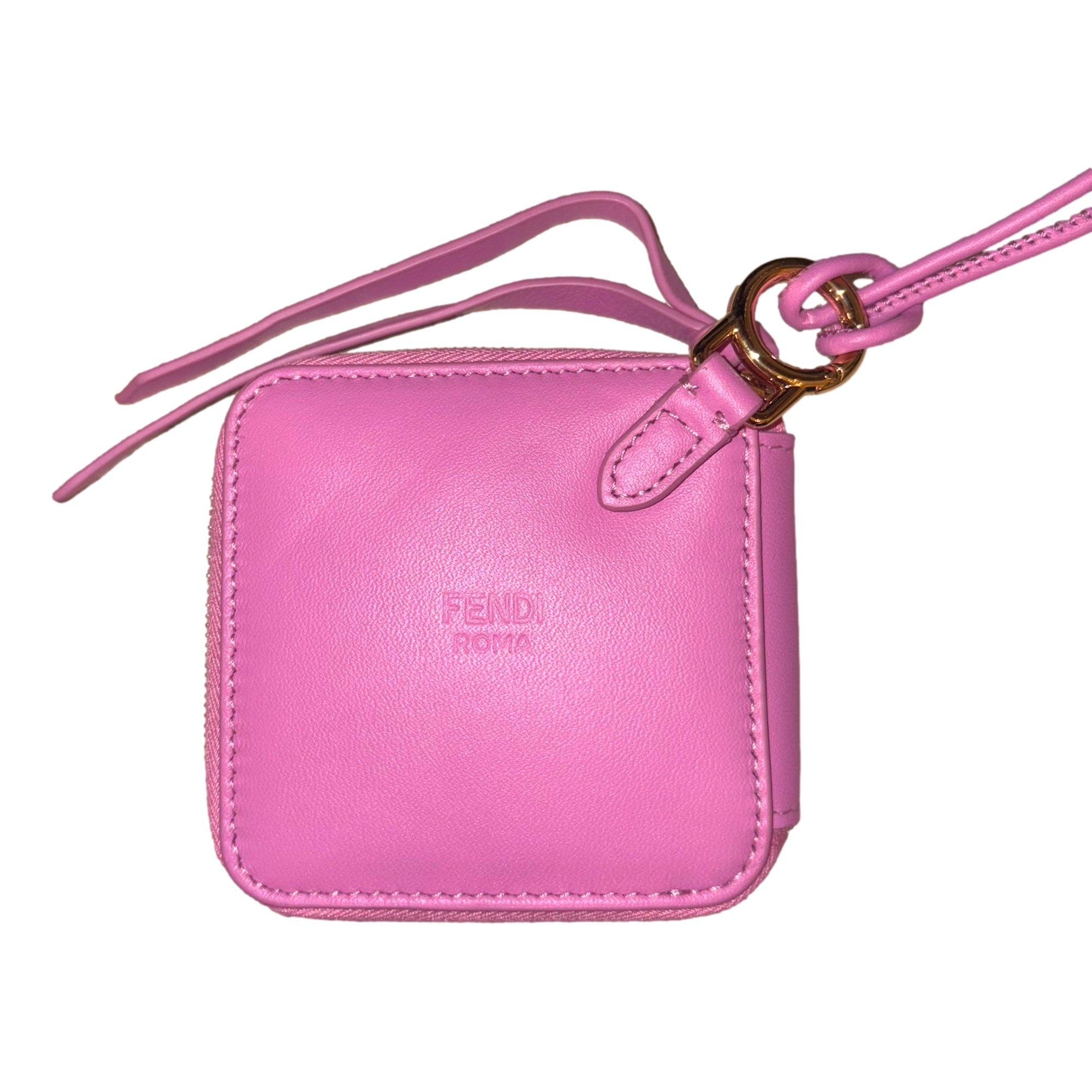 Fendi FF Cube Embossed Small Zip Wallet Pink Leather with Strap available at Queen Bee of Beverly Hills