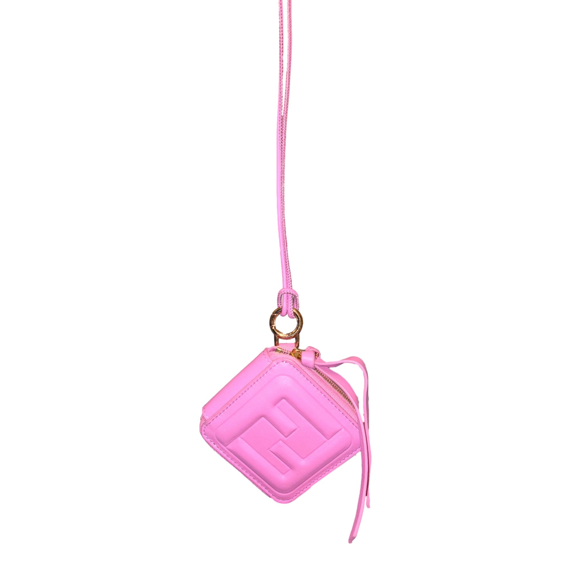 Fendi FF Cube Embossed Small Zip Wallet Pink Leather with Strap