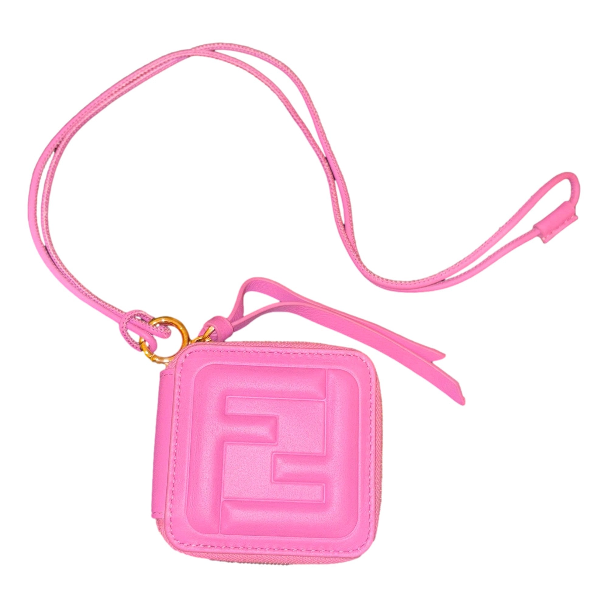 Fendi FF Cube Embossed Small Zip Wallet Pink Leather with Strap available at Queen Bee of Beverly Hills