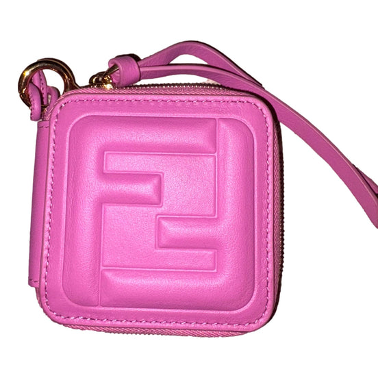 Fendi FF Cube Embossed Small Zip Wallet Pink Leather with Strap available at Queen Bee of Beverly Hills