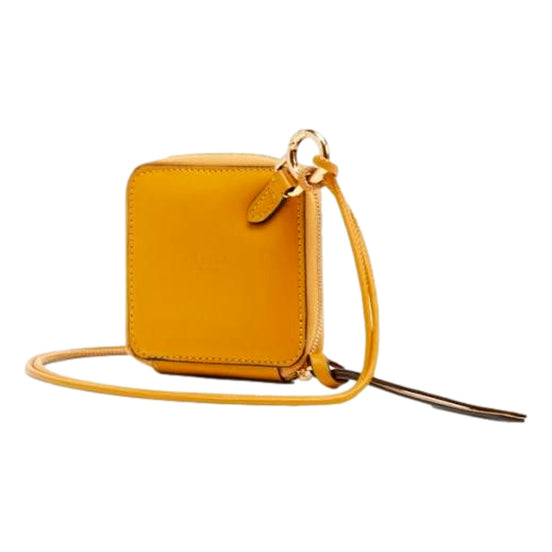 Fendi FF Cube Embossed Small Zip Wallet Yellow Leather with Strap available at Queen Bee of Beverly Hills