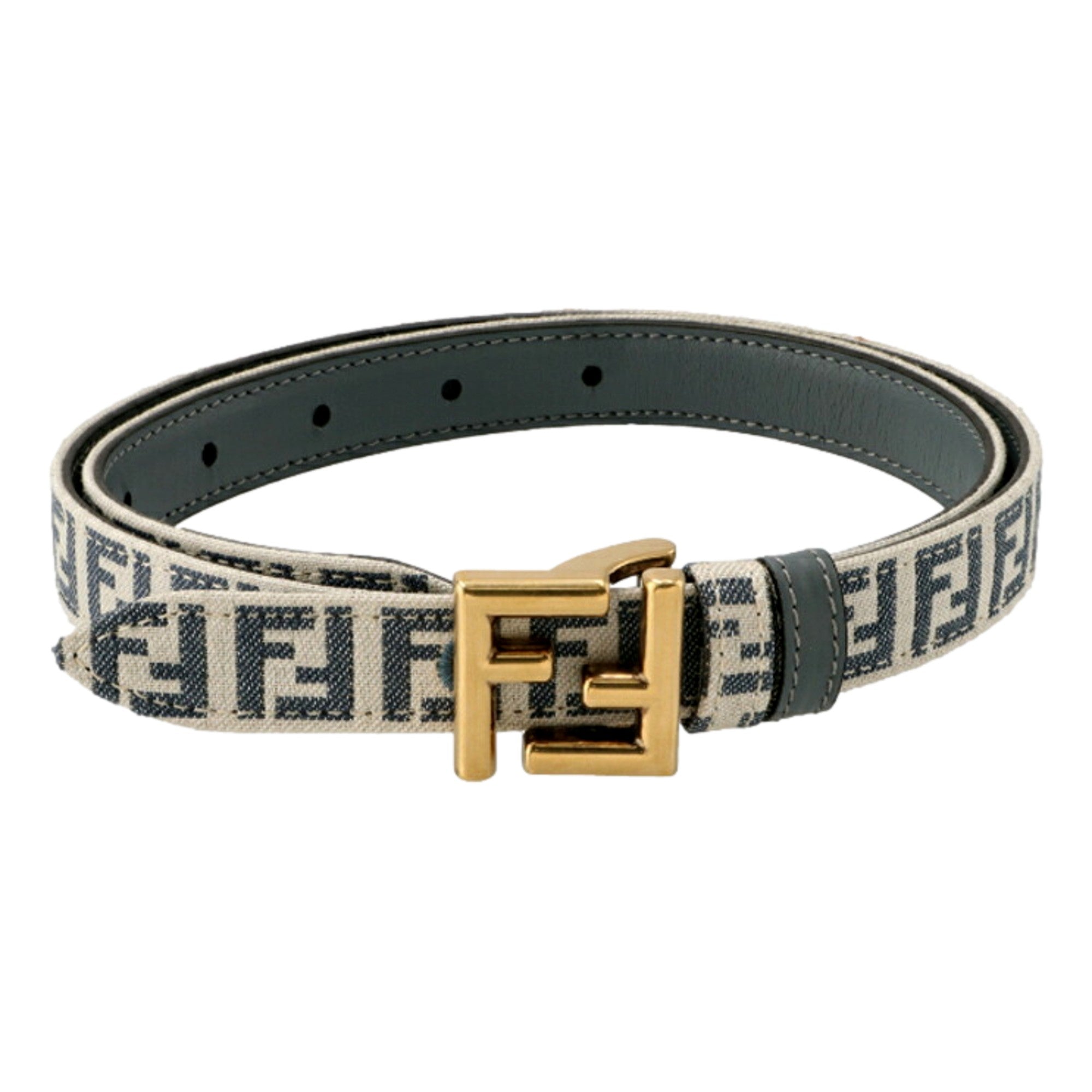 Fendi FF Denim Blue and White Canvas Leather Reversible Skinny Belt Gold Tone Buckle 80 available at Queen Bee of Beverly Hills