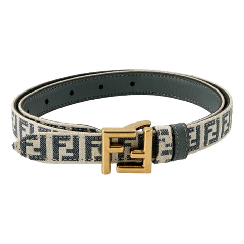 Fendi FF Denim Blue and White Canvas Leather Reversible Skinny Belt Gold Tone Buckle 80 available at Queen Bee of Beverly Hills