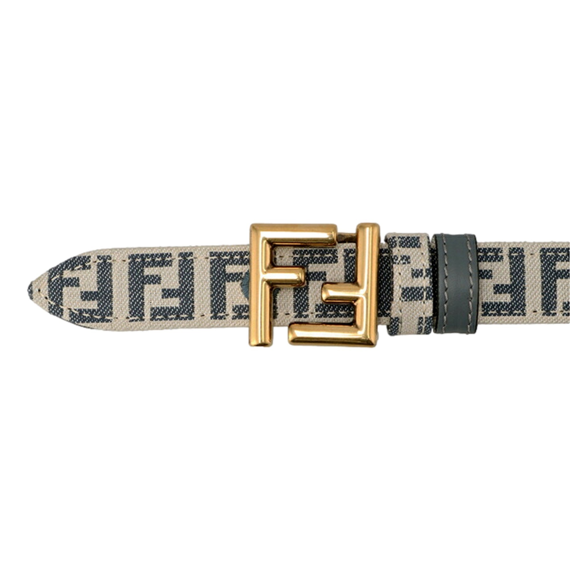 Fendi FF Denim Blue and White Canvas Leather Reversible Skinny Belt Gold Tone Buckle 80 available at Queen Bee of Beverly Hills