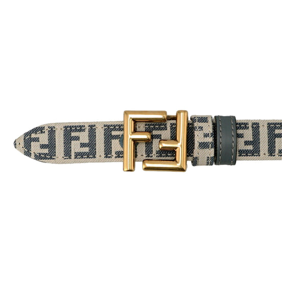 Fendi FF Denim Blue and White Canvas Leather Reversible Skinny Belt Gold Tone Buckle 80 available at Queen Bee of Beverly Hills