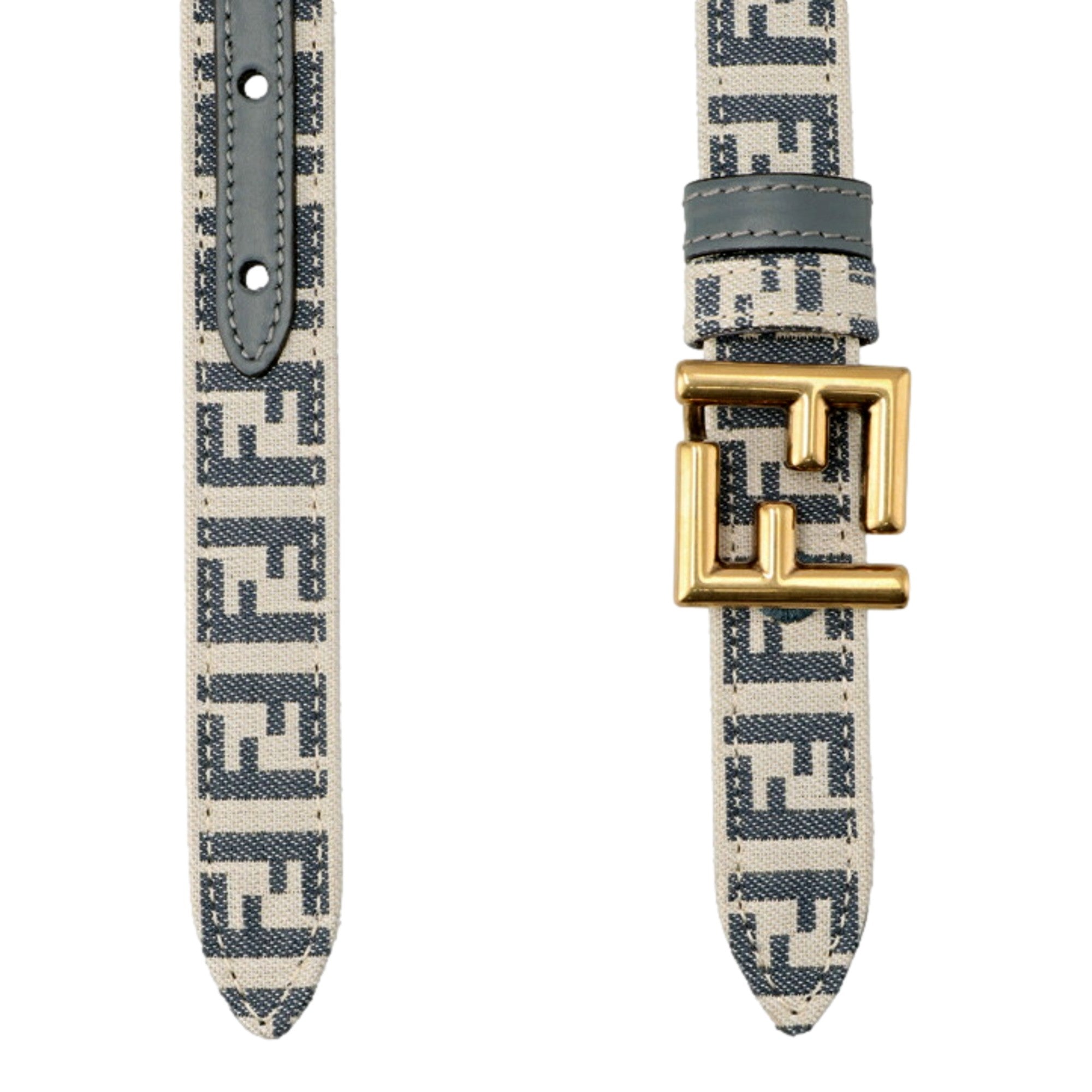 Fendi FF Denim Blue and White Canvas Leather Reversible Skinny Belt Gold Tone Buckle 80 available at Queen Bee of Beverly Hills