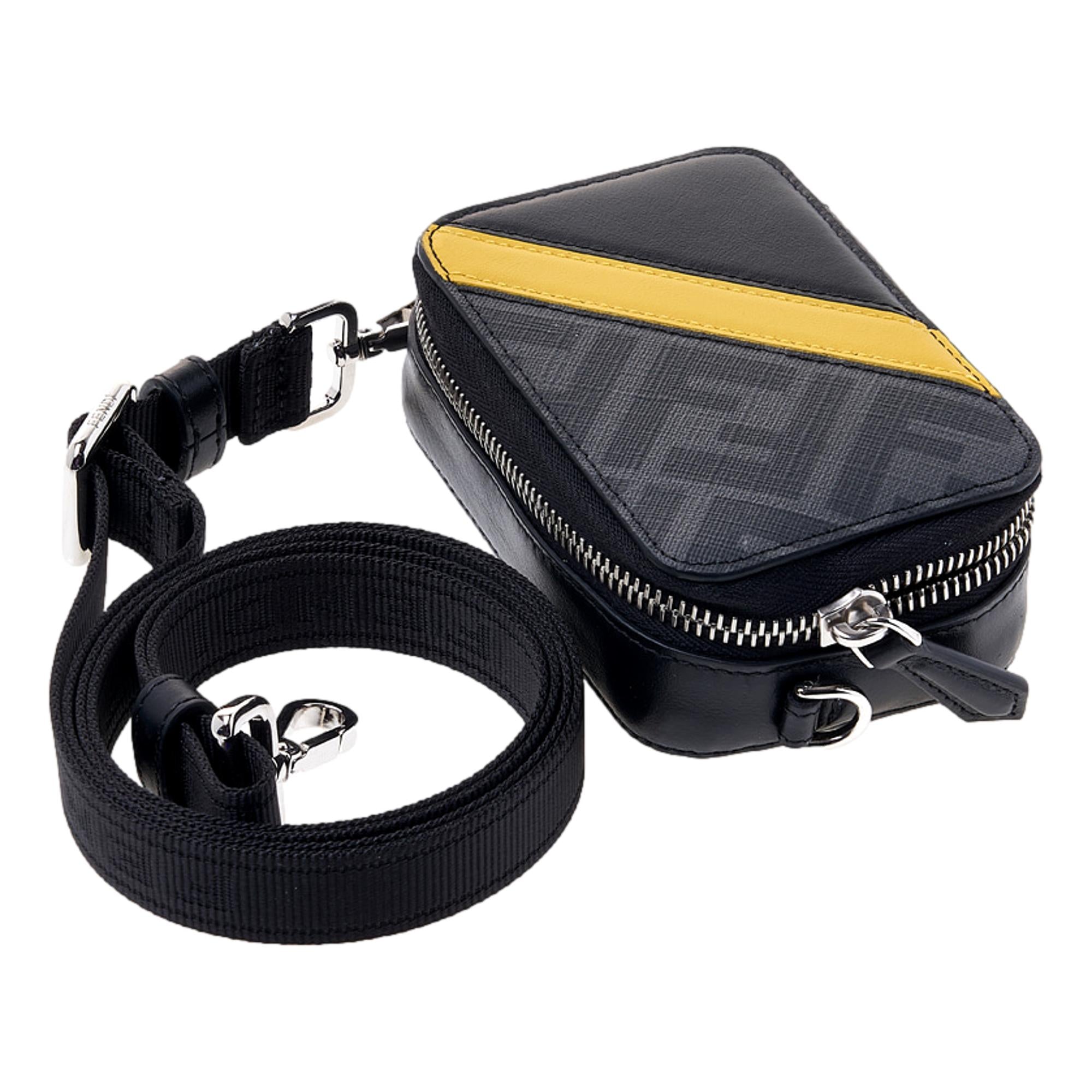 Fendi FF Diagonal Stripe Black Mini Camera Crossbody Bag available at Queen Bee of Beverly Hills