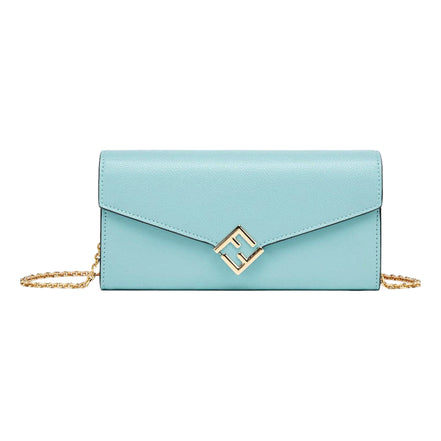 Fendi FF Diamonds Light Blue Calfskin Leather Continental Wallet on Chain Gold Hardware