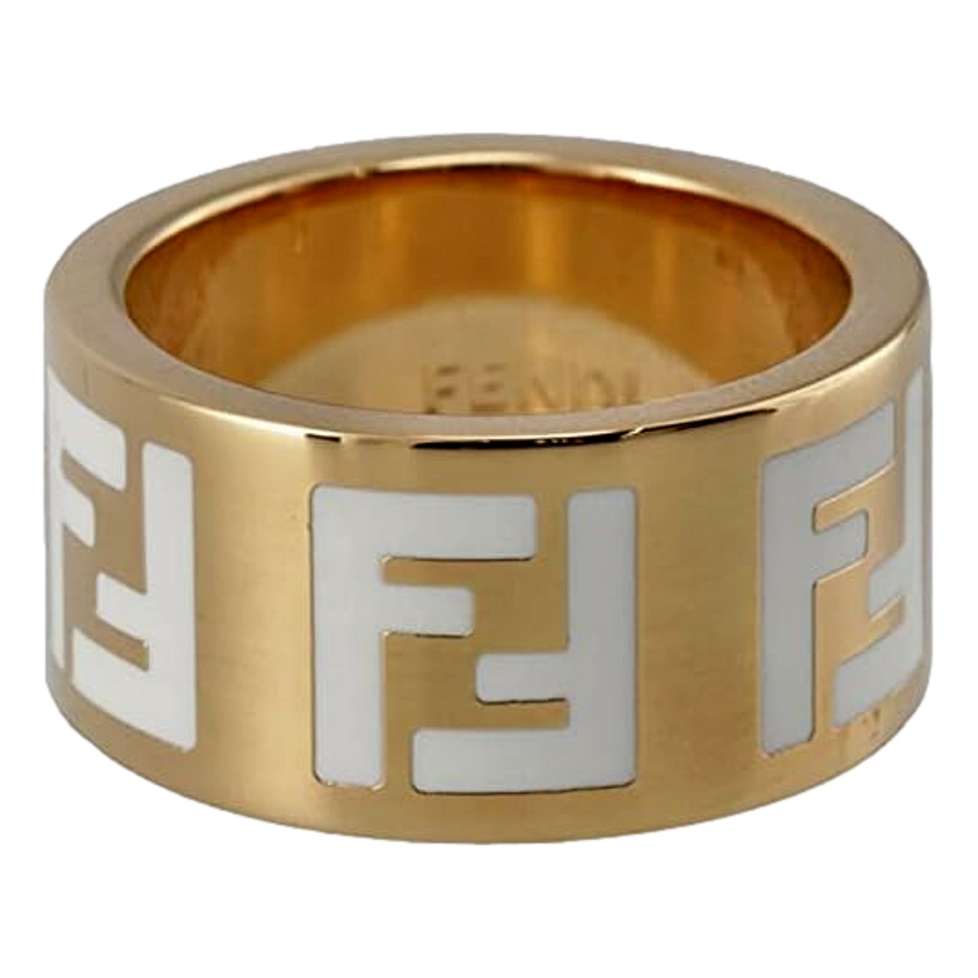 Fendi FF Forever Gold Tone Metal Ring White Enamel Logo Medium available at Queen Bee of Beverly Hills