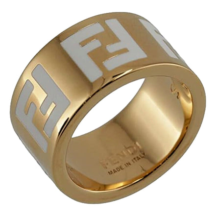 Fendi FF Forever Gold Tone Metal Ring White Enamel Logo Medium available at Queen Bee of Beverly Hills