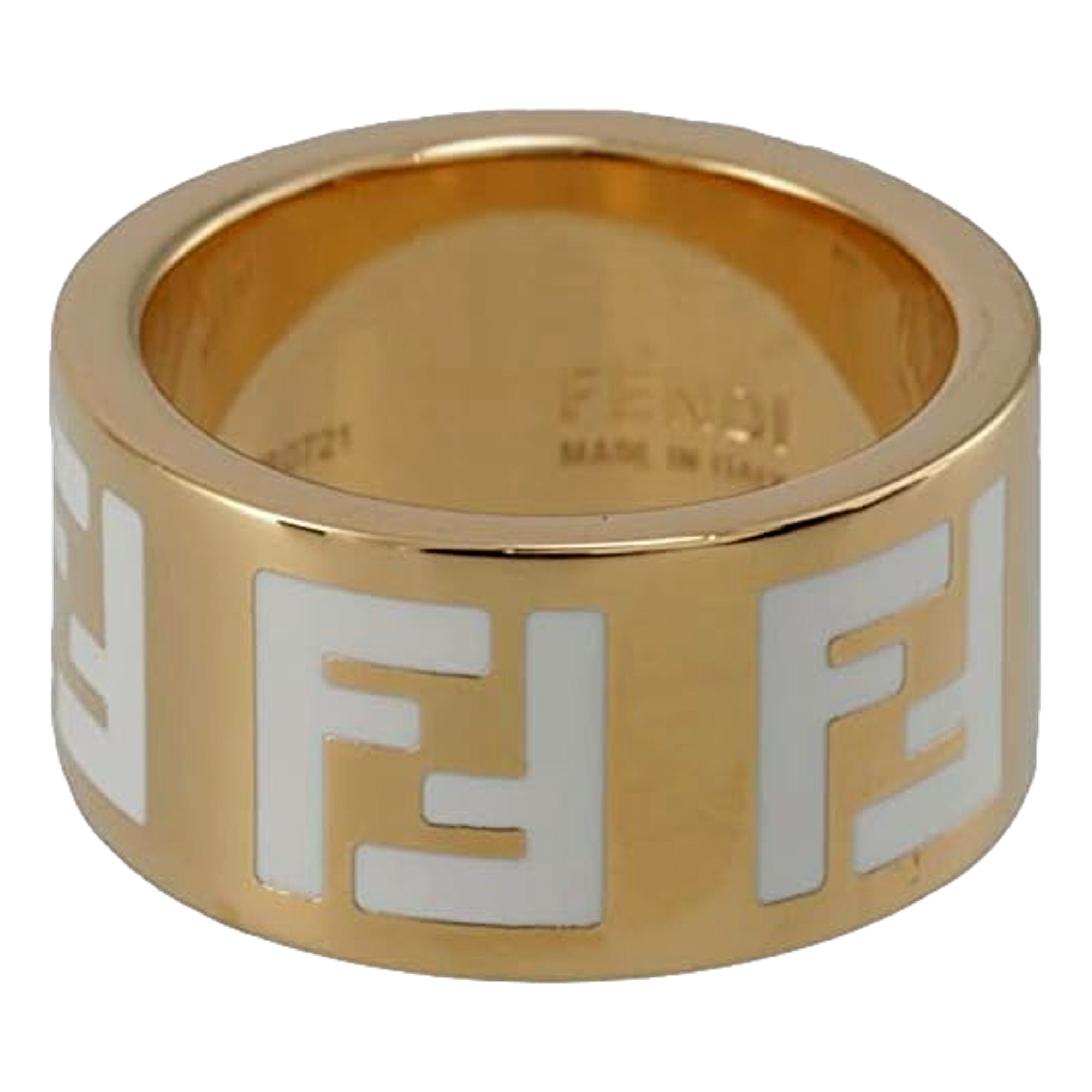 Fendi FF Forever Gold Tone Metal Ring White Enamel Logo Medium available at Queen Bee of Beverly Hills