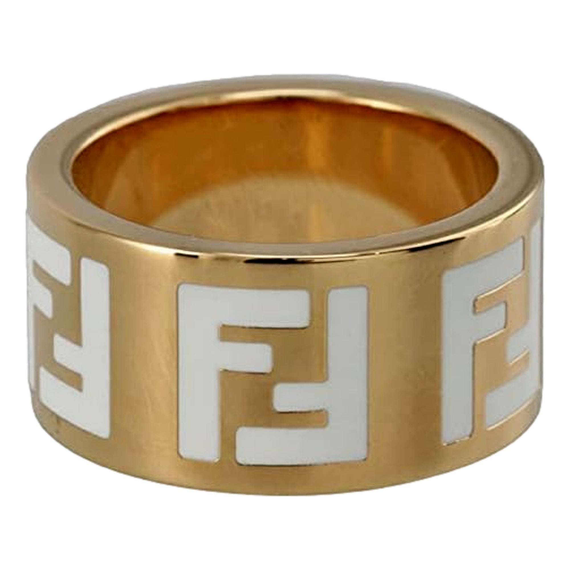 Fendi FF Forever Gold Tone Metal Ring White Enamel Logo Medium available at Queen Bee of Beverly Hills