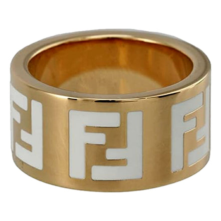 Fendi FF Forever Gold Tone Metal Ring White Enamel Logo Medium available at Queen Bee of Beverly Hills
