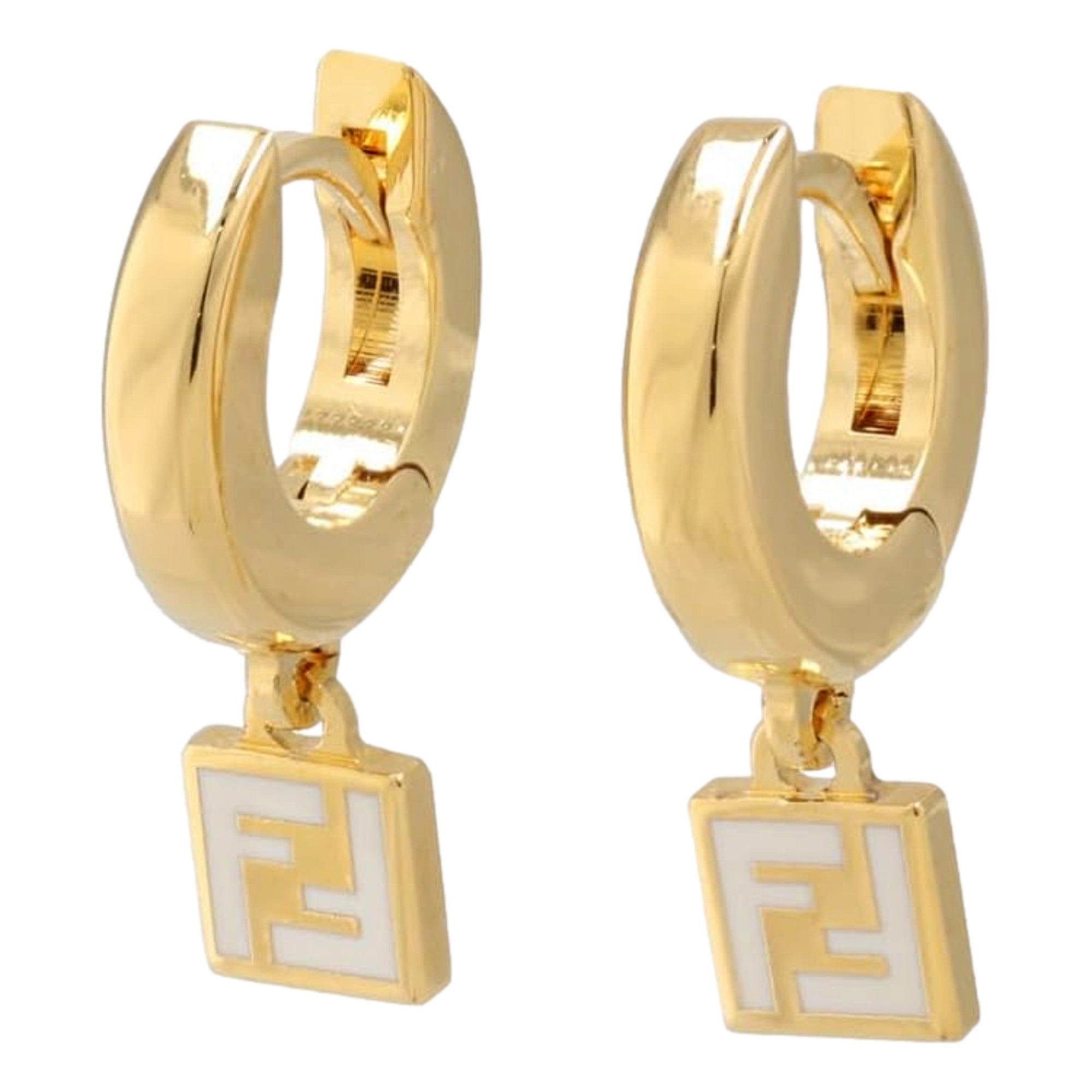 Fendi FF Gold Tone Metal White Enamel Small Hoop Earrings available at Queen Bee of Beverly Hills