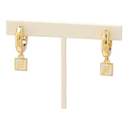 Fendi FF Gold Tone Metal White Enamel Small Hoop Earrings available at Queen Bee of Beverly Hills