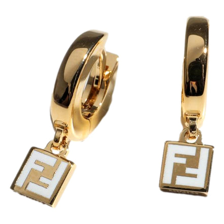 Fendi FF Gold Tone Metal White Enamel Small Hoop Earrings available at Queen Bee of Beverly Hills