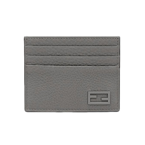 Fendi FF Logo Argilla Gray Pebbled Calf Leather Card Case Wallet at_Queen_Bee_of_Beverly_Hills