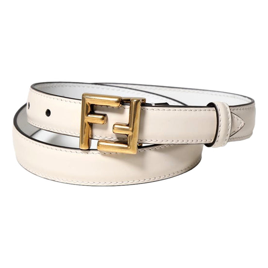 Fendi FF Logo Gold Tone Buckle White Leather Skinny Belt 80 available at Queen Bee of Beverly Hills