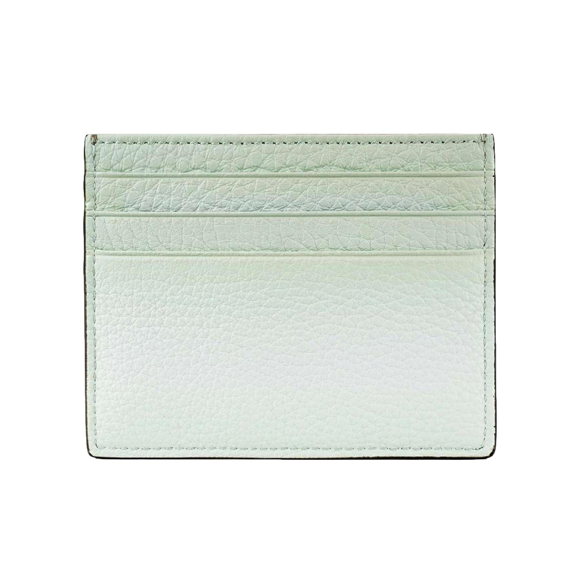 Fendi FF Logo Light Gray and Blue Pebbled Calf Leather Card Case Wallet available at Queen Bee of Beverly Hills