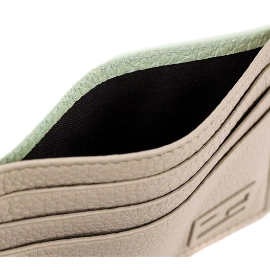 Fendi FF Logo Light Gray and Blue Pebbled Calf Leather Card Case Wallet available at Queen Bee of Beverly Hills