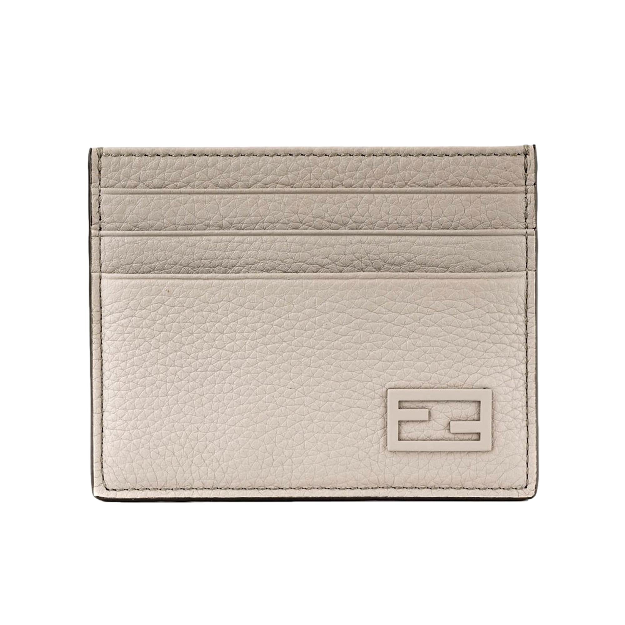 Fendi FF Logo Light Gray and Blue Pebbled Calf Leather Card Case Wallet available at Queen Bee of Beverly Hills