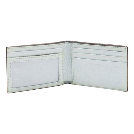Fendi FF Logo Plaque Light Gray and Blue Pebbled Calf Leather Bifold Wallet available at Queen Bee of Beverly Hills