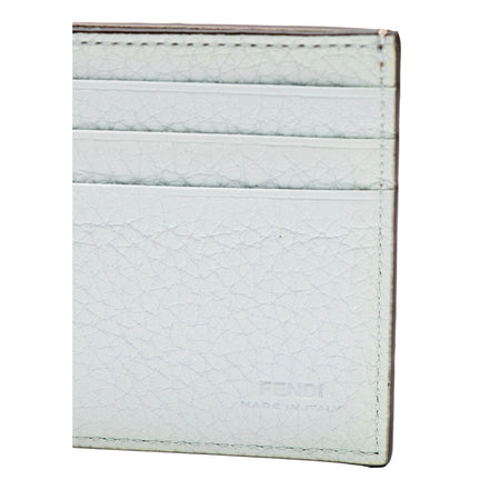 Fendi FF Logo Plaque Light Gray and Blue Pebbled Calf Leather Bifold Wallet available at Queen Bee of Beverly Hills