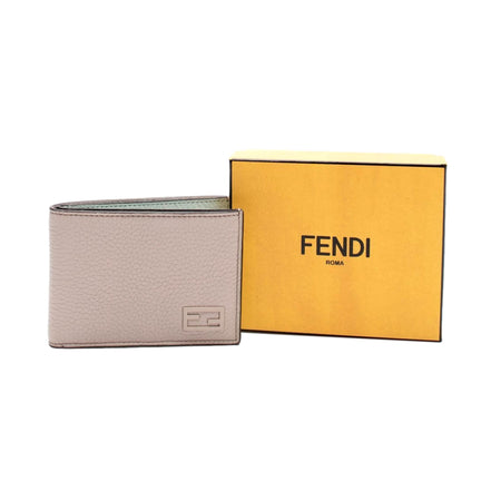 Fendi FF Logo Plaque Light Gray and Blue Pebbled Calf Leather Bifold Wallet available at Queen Bee of Beverly Hills