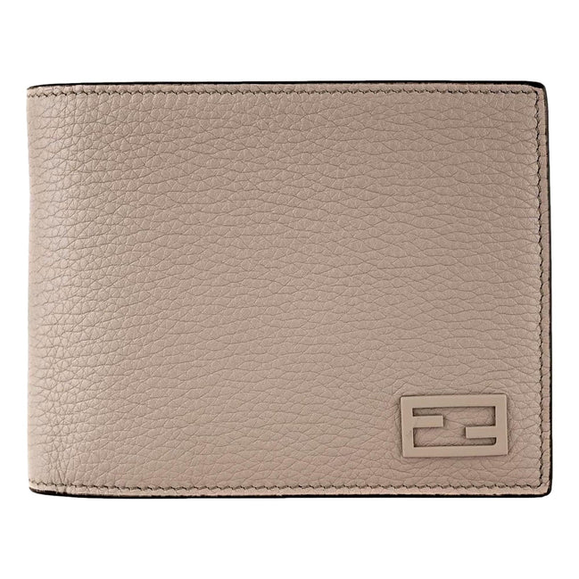 Fendi FF Logo Plaque Light Gray and Blue Pebbled Calf Leather Bifold Wallet available at Queen Bee of Beverly Hills