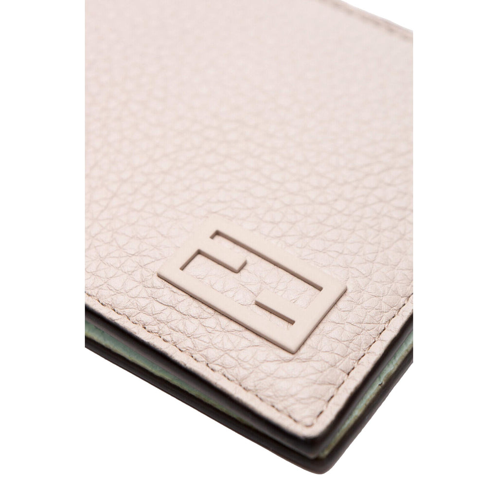 Fendi FF Logo Plaque Light Gray Pebbled Calf Leather Bifold Wallet at_Queen_Bee_of_Beverly_Hills