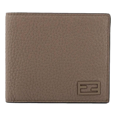 Fendi FF Logo Plaque Tartufo Gray Pebbled Calf Leather Bifold Wallet at_Queen_Bee_of_Beverly_Hills