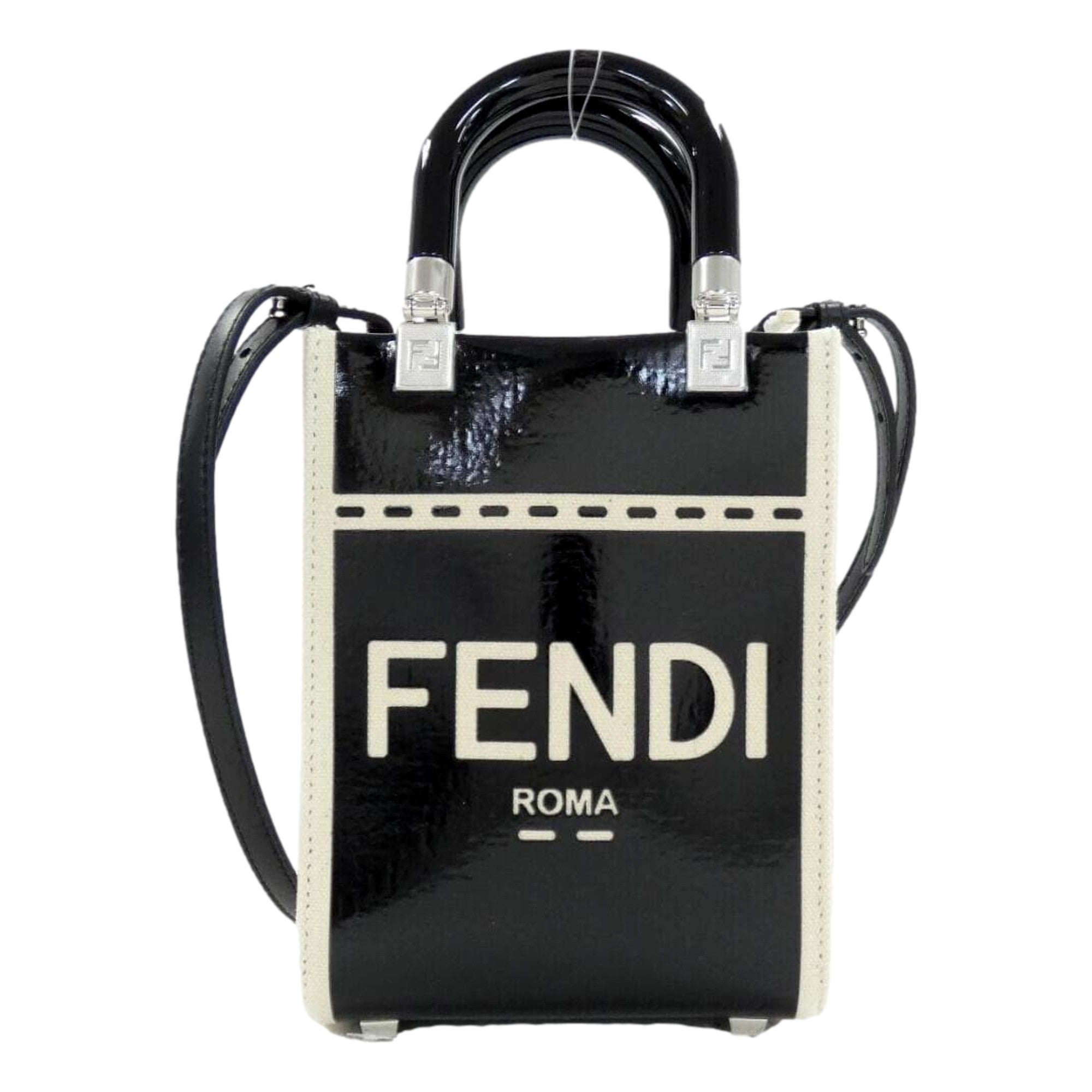 FENDI FF Mini Bag Shopper Tote Crossbody Bag Leather and Canvas Black available at Queen Bee of Beverly Hills