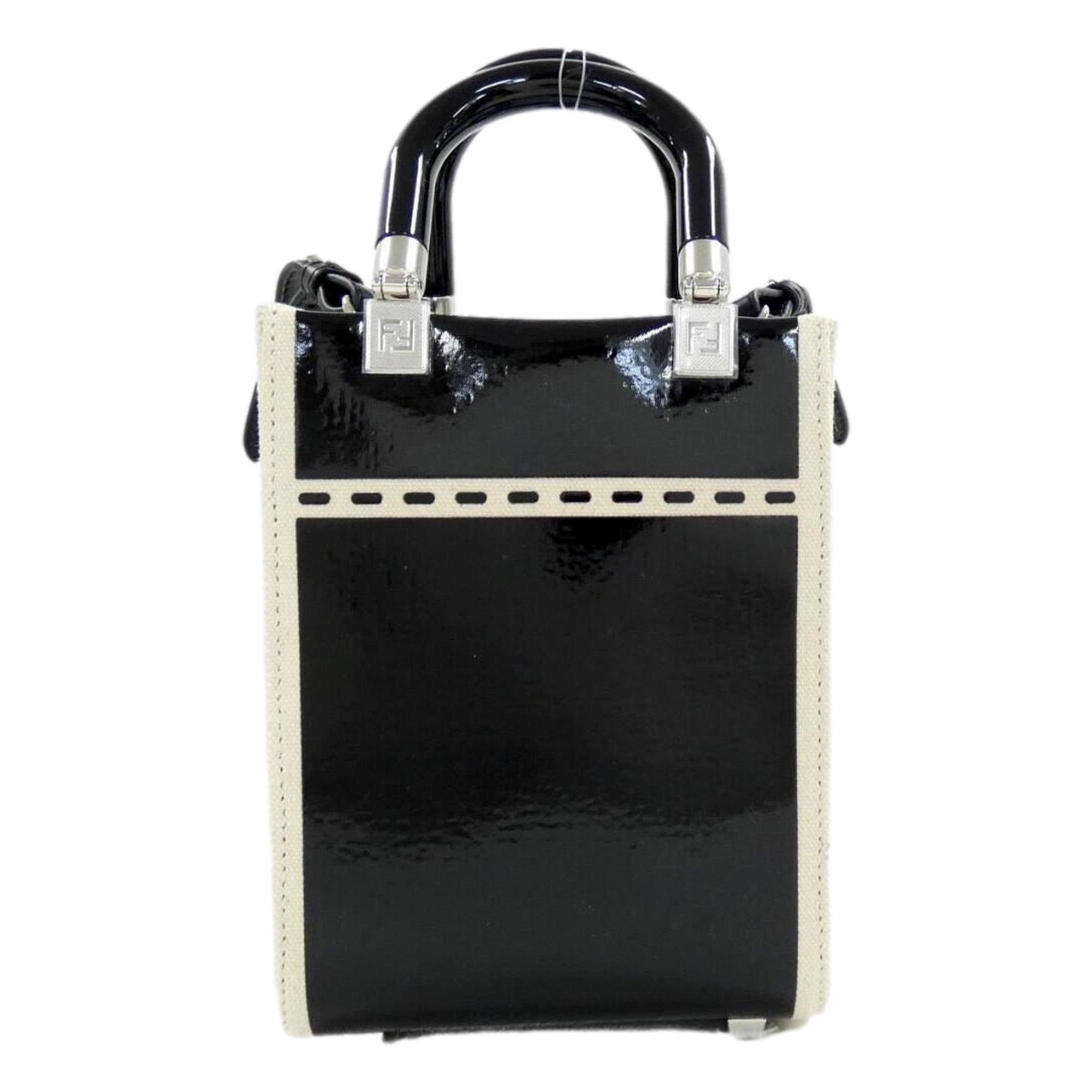 FENDI FF Mini Bag Shopper Tote Crossbody Bag Leather and Canvas Black available at Queen Bee of Beverly Hills