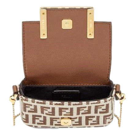Fendi FF Canvas Nano Baguette Charm Crossbody Bag Brown White