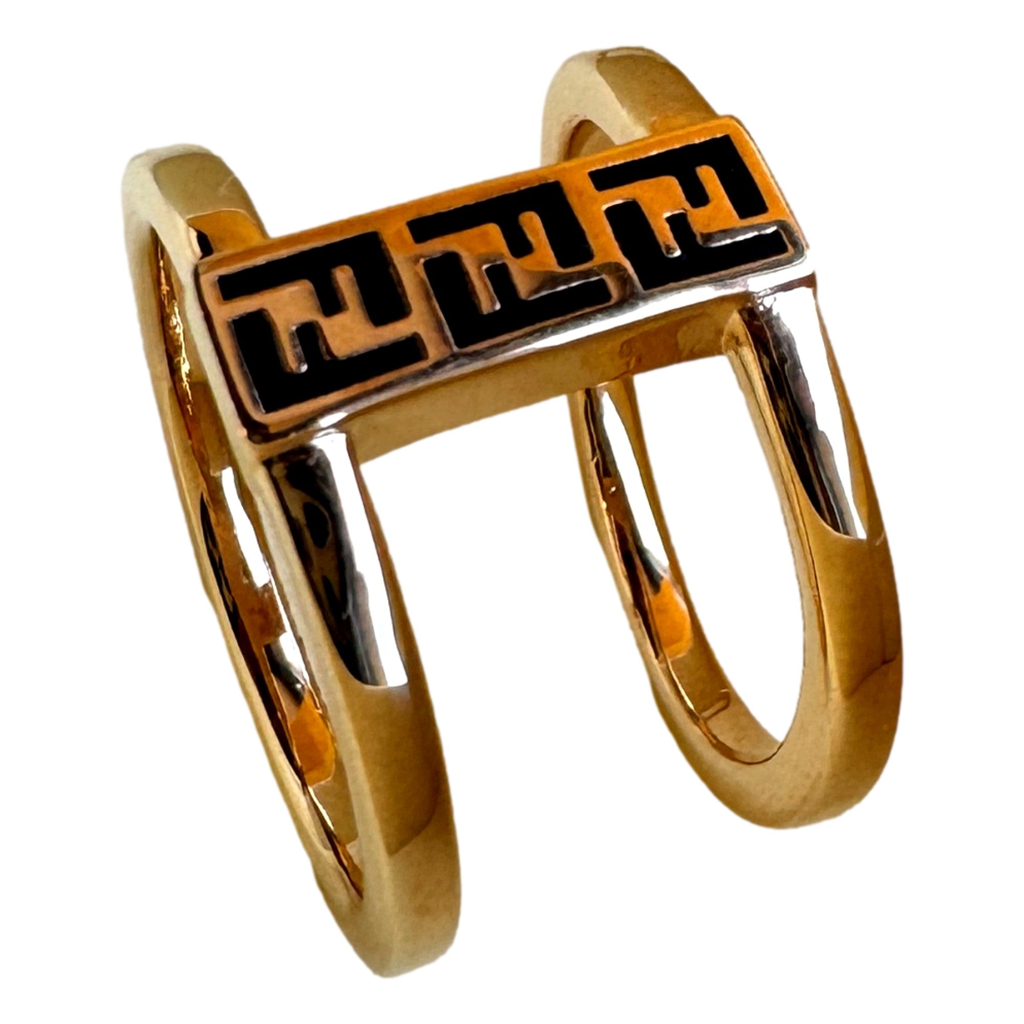 Fendi FF Oro Soft Logo Black and Gold Ring Medium available at Queen Bee of Beverly Hills
