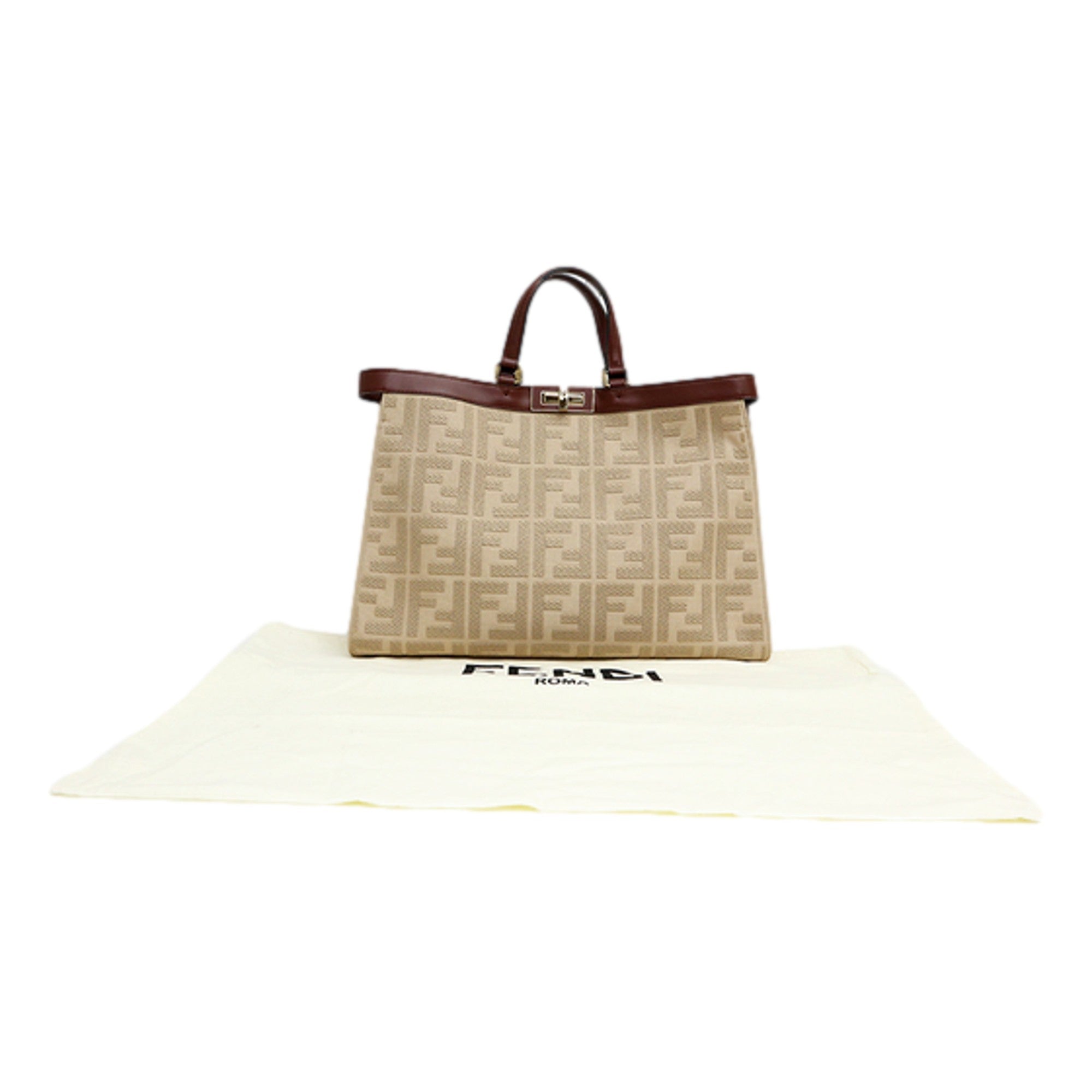 Fendi FF Peekaboo X-Lite Brown Beige Canvas and Leather Tote available at Queen Bee of Beverly Hills