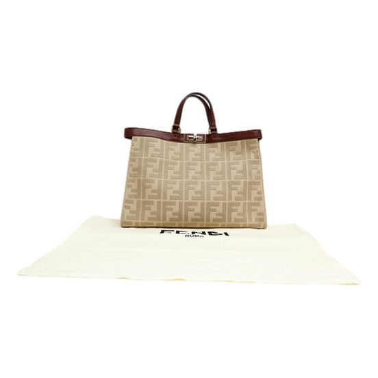 Fendi FF Peekaboo X-Lite Brown Beige Canvas and Leather Tote available at Queen Bee of Beverly Hills