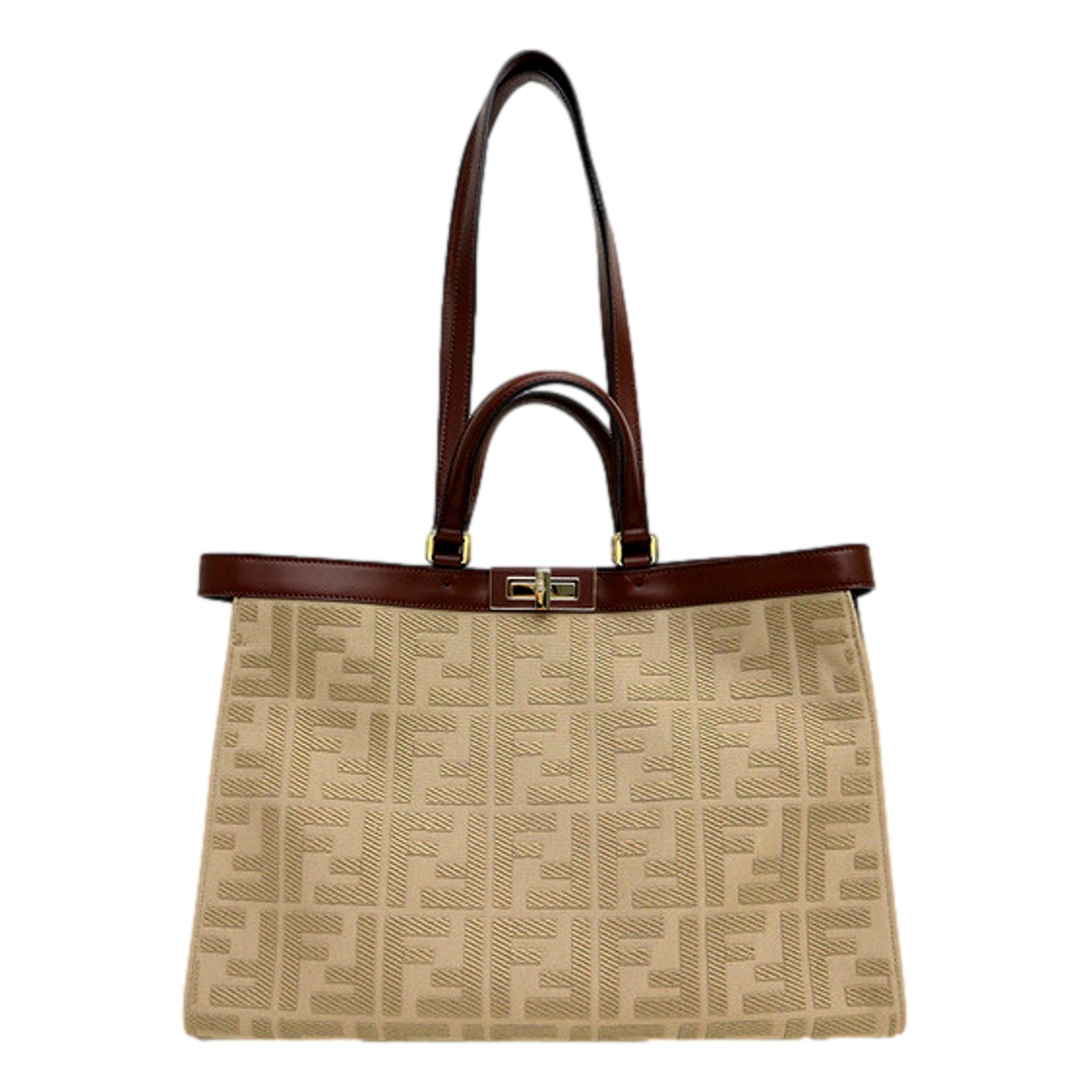 Fendi FF Peekaboo X-Lite Brown Beige Canvas and Leather Tote available at Queen Bee of Beverly Hills