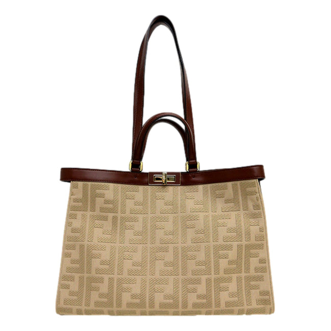 Fendi FF Peekaboo X-Lite Brown Beige Canvas and Leather Tote available at Queen Bee of Beverly Hills