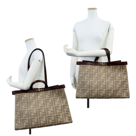 Fendi FF Peekaboo X-Lite Brown Beige Canvas and Leather Tote available at Queen Bee of Beverly Hills