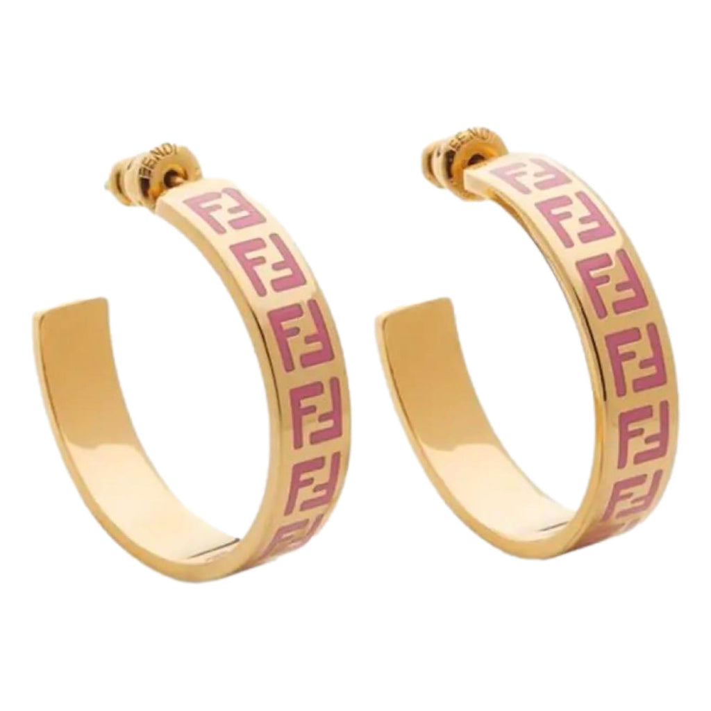 Fendi FF Print Pink and Gold Finish Metal Hoop Fashion Earrings at_Queen_Bee_of_Beverly_Hills