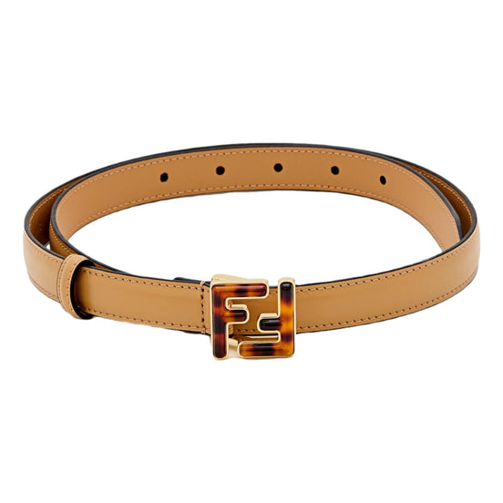 Fendi FF Skinny Tan Brown Leather Belt Tortoise Shell Buckle 95 available at Queen Bee of Beverly Hills