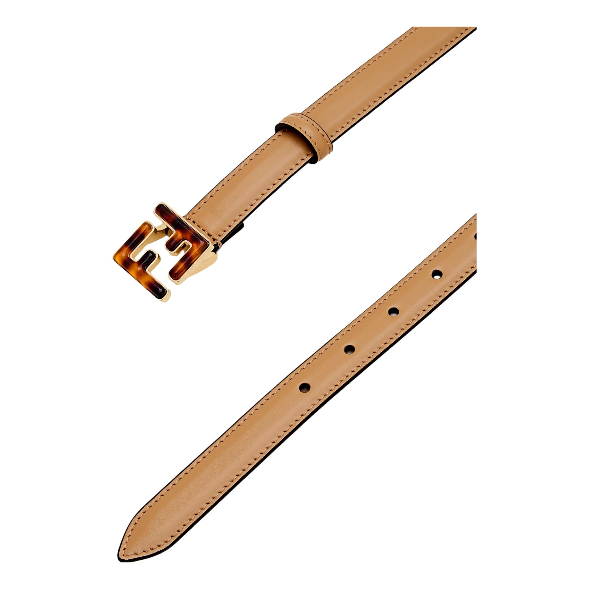 Fendi FF Skinny Tan Brown Leather Belt Tortoise Shell Buckle 95 available at Queen Bee of Beverly Hills