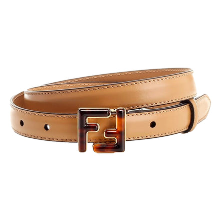 Fendi FF Skinny Tan Brown Leather Belt Tortoise Shell Buckle 95 available at Queen Bee of Beverly Hills