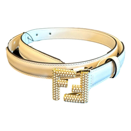 Fendi FF Studded Skinny Ivory Latte Belt Size 85 available at Queen Bee of Beverly Hills