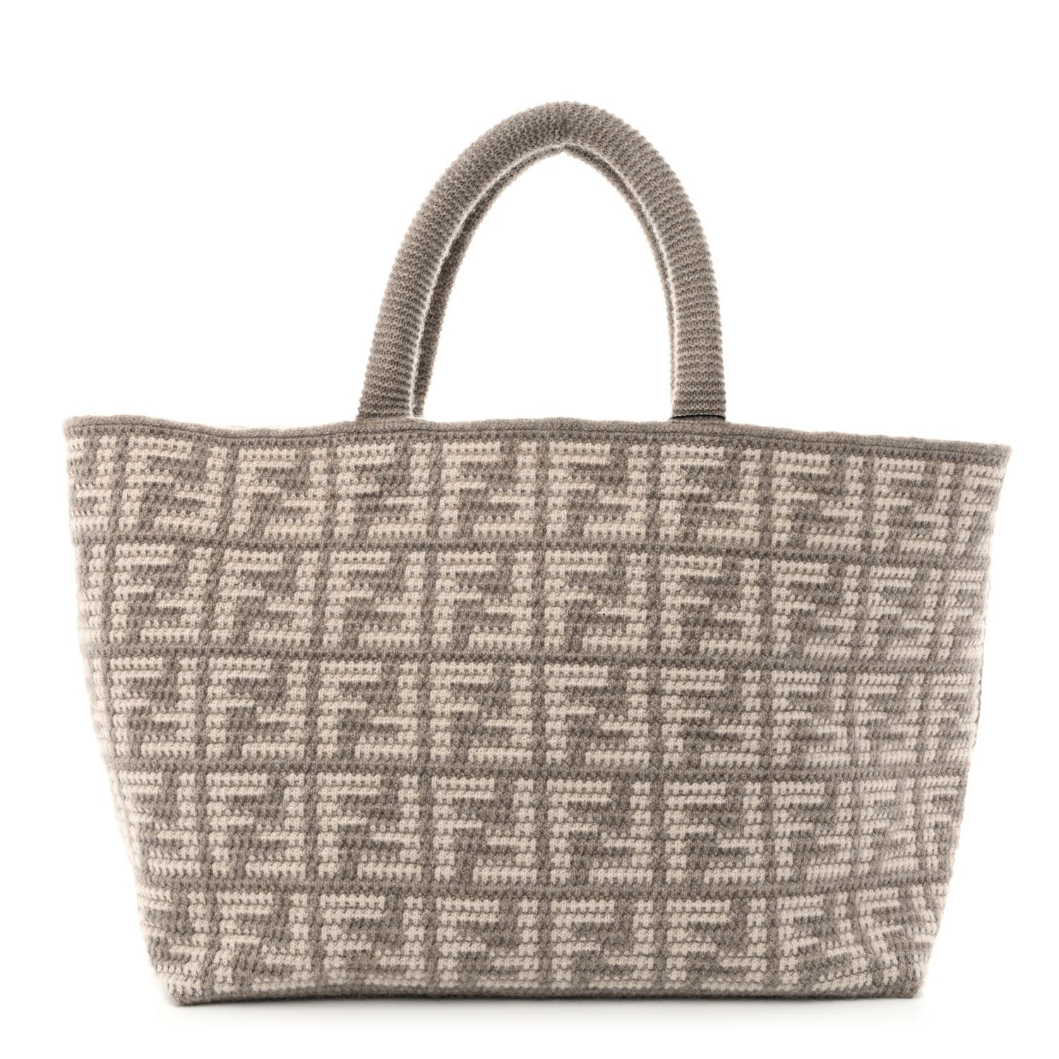 Fendi FF Tortora Gray Knitted Cashmere Wool Large Shopper Tote Bag available at Queen Bee of Beverly Hills