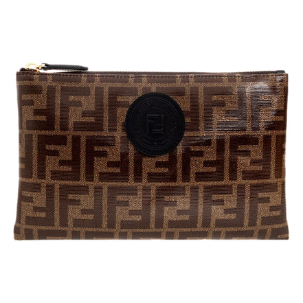 Fendi FF Zucca Brown Coated Canvas Flat Zipper Pouch Clutch available at Queen Bee of Beverly Hills