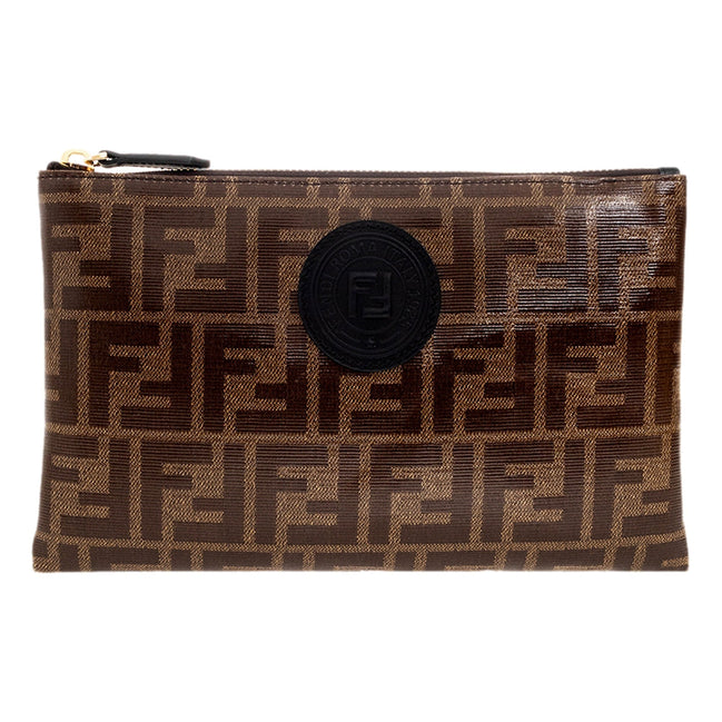 Fendi FF Zucca Brown Coated Canvas Flat Zipper Pouch Clutch available at Queen Bee of Beverly Hills