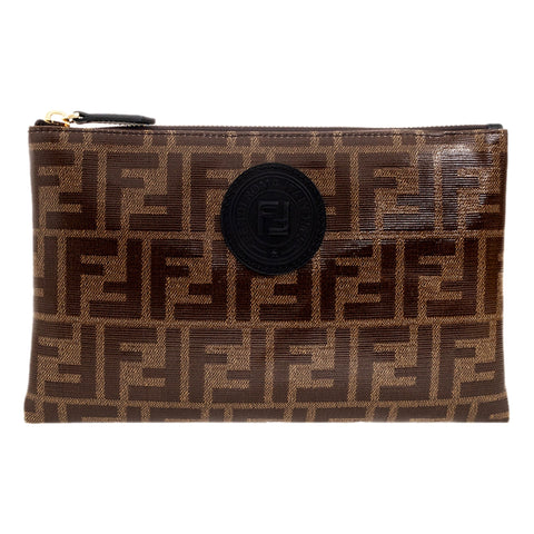 Fendi FF Zucca Brown Coated Canvas Flat Zipper Pouch Clutch available at Queen Bee of Beverly Hills