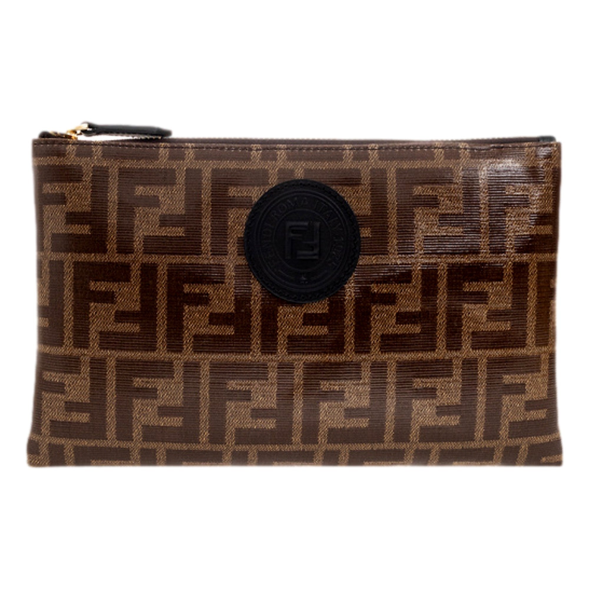 Fendi FF Zucca Brown Coated Canvas Flat Zipper Pouch Clutch available at Queen Bee of Beverly Hills